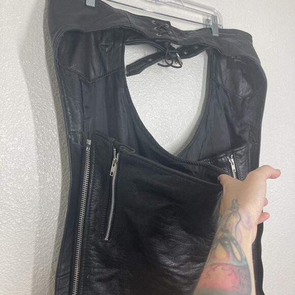 Xelement Motorcycle Chaps Mens 38 Black Leather Zip Pocket Adjustable Biker - Picture 13 of 16